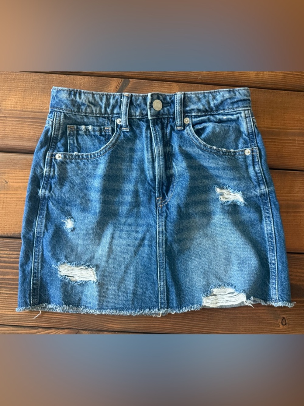 Gap Denim Mini Skirt Youth Size 12 Distressed Raw Hem Blue Jean Skirt